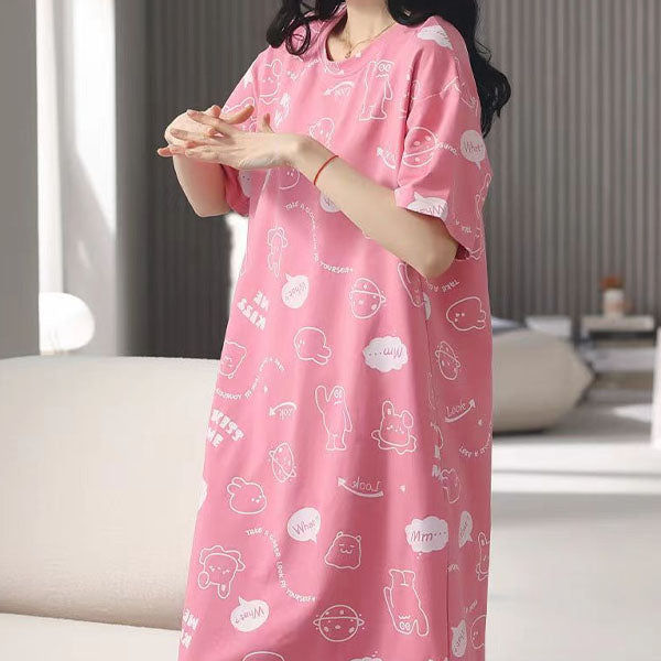 Cartoon Print Short Sleeves Women's Night Dress Loose Style Midi Length Casual Sleepwear Dress in Pink Terylene Blend