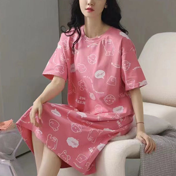 Cartoon Print Short Sleeves Women's Night Dress Loose Style Midi Length Casual Sleepwear Dress in Pink Terylene Blend