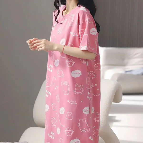 Pink Cartoon Print Midi Night Dress - Casual Sleepwear Women - Shop N Save