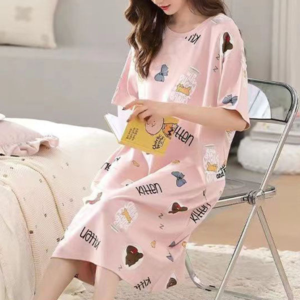 Cute Cartoon Print Soft Fabric Midi Dress for Women Perfect Sleepwear and Casual Wear for Girls!