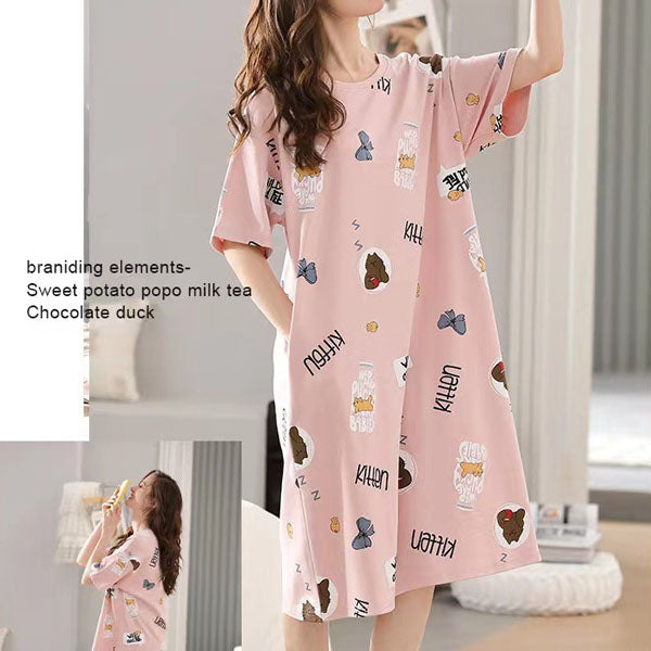 Cute Cartoon Print Soft Fabric Midi Dress for Women Perfect Sleepwear and Casual Wear for Girls!