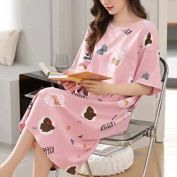 Cute Cartoon Print Soft Fabric Midi Dress for Women Perfect Sleepwear and Casual Wear for Girls!