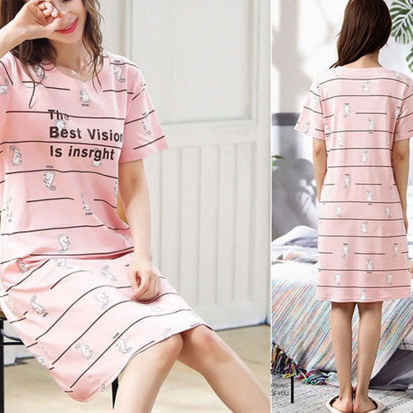 Pink Striped Soft Fabric Midi Dress A Comfortable and Stylish Nightwear Choice for Women