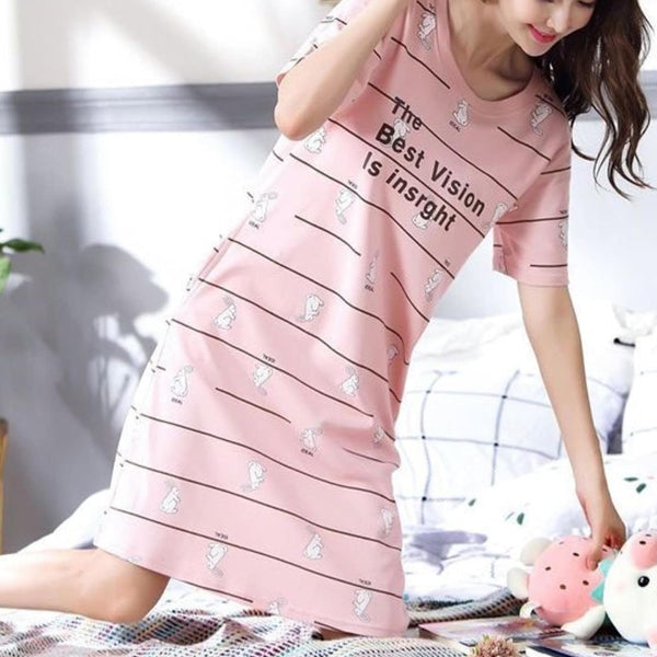 Pink Striped Soft Fabric Midi Dress A Comfortable and Stylish Nightwear Choice for Women