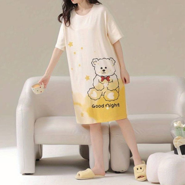 Cute Cartoon Print Midi Dress for Women Yellow Bear Print Night Dress with Round Neck Short Sleeves Loose Fit Perfect for Casual Wear and Sleepwear