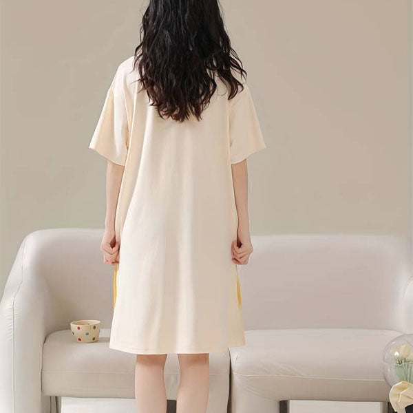 Cute Cartoon Print Midi Dress for Women Yellow Bear Print Night Dress with Round Neck Short Sleeves Loose Fit Perfect for Casual Wear and Sleepwear