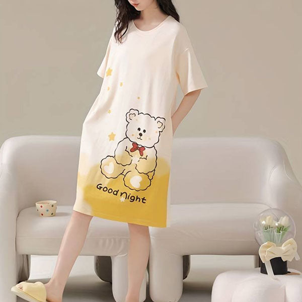 Cute Cartoon Print Midi Dress for Women Yellow Bear Print Night Dress with Round Neck Short Sleeves Loose Fit Perfect for Casual Wear and Sleepwear