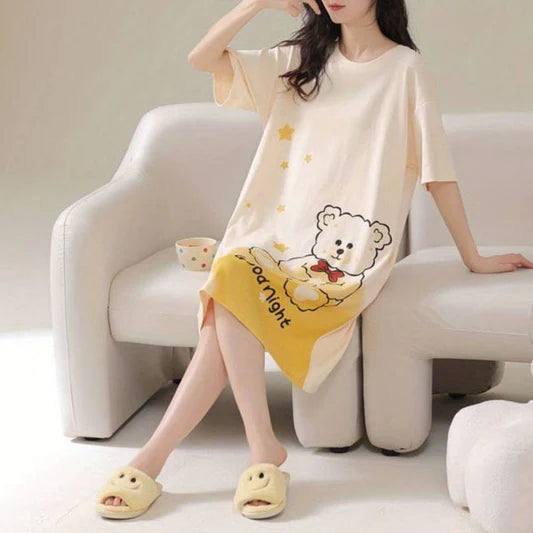 Cute Cartoon Print Midi Dress - Yellow Bear Night Dress, Casual Sleepwear - Shop N Save