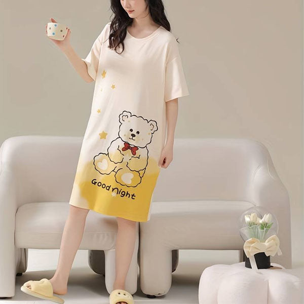 Cute Cartoon Print Midi Dress for Women Yellow Bear Print Night Dress with Round Neck Short Sleeves Loose Fit Perfect for Casual Wear and Sleepwear