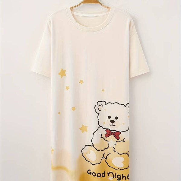 Cute Cartoon Print Midi Dress for Women Yellow Bear Print Night Dress with Round Neck Short Sleeves Loose Fit Perfect for Casual Wear and Sleepwear