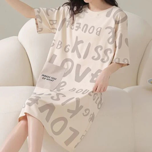 Alphabetic Print Short Sleeves Round Neck Midi Dress Comfortable and Stylish Pajama Dress for Women Soft Fabric Khaki Color