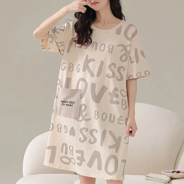 Khaki Alphabetic Print Midi Dress - Comfortable Pajama for Women - Shop N Save