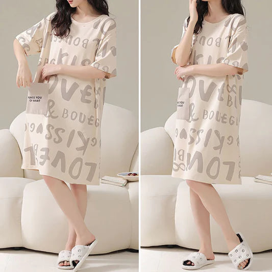Alphabetic Print Short Sleeves Round Neck Midi Dress Comfortable and Stylish Pajama Dress for Women Soft Fabric Khaki Color