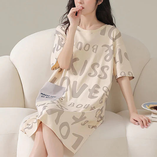 Alphabetic Print Short Sleeves Round Neck Midi Dress Comfortable and Stylish Pajama Dress for Women Soft Fabric Khaki Color