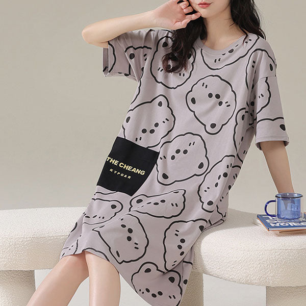 Cartoon Print Midi Dress Comfy Sleepwear for Women. Cute round neck short sleeves relaxed fit in soft terylene & cotton blend material. Ideal for casual wear lounging and pajama parties. Perfect nightwear for girls.