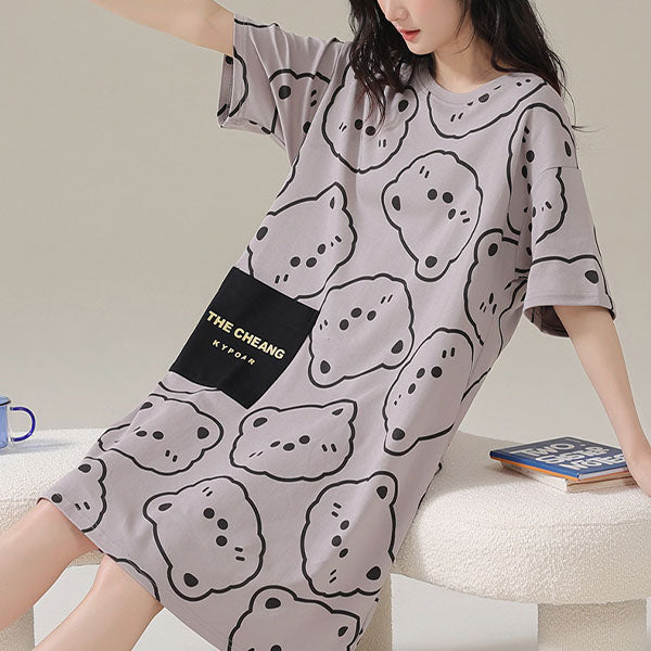 Cartoon Print Midi Dress Comfy Sleepwear for Women. Cute round neck short sleeves relaxed fit in soft terylene & cotton blend material. Ideal for casual wear lounging and pajama parties. Perfect nightwear for girls.