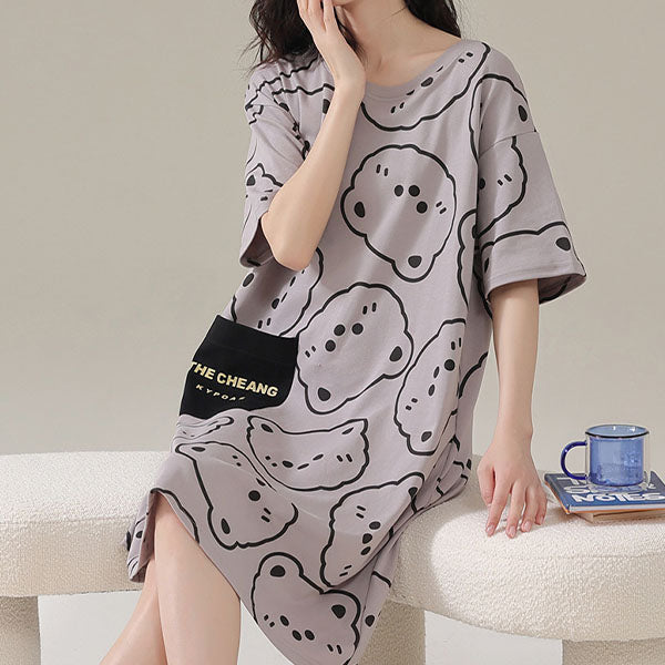 Cartoon Print Midi Dress Comfy Sleepwear for Women. Cute round neck short sleeves relaxed fit in soft terylene & cotton blend material. Ideal for casual wear lounging and pajama parties. Perfect nightwear for girls.