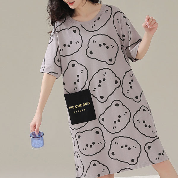 Cartoon Print Midi Dress Comfy Sleepwear for Women. Cute round neck short sleeves relaxed fit in soft terylene & cotton blend material. Ideal for casual wear lounging and pajama parties. Perfect nightwear for girls.