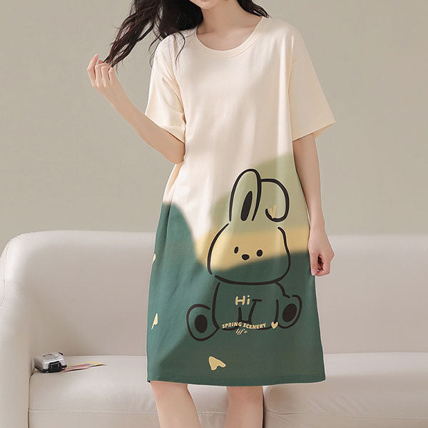 Cute Rabbit Printed Midi Dress Comfortable Sleepwear & Casual Night Dress for Women Green Terylene & Cotton Blend Fabric