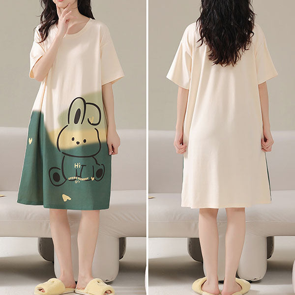 Cute Rabbit Printed Midi Dress Comfortable Sleepwear & Casual Night Dress for Women Green Terylene & Cotton Blend Fabric