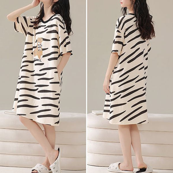 Comfy Striped Midi Night Dress - Stylish, Black, Terylene Cotton Blend - Shop N Save