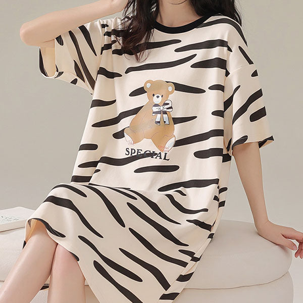 Comfy Striped Midi Night Dress - Stylish, Black, Terylene Cotton Blend - Shop N Save