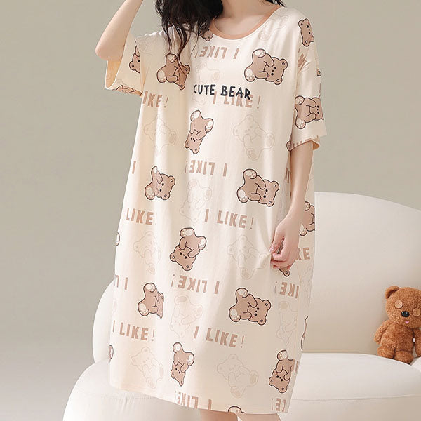 Comfy Bear Cartoon Print Midi Length Pajama Dress Ideal Women's Nightwear for Sleep and Casual Wear