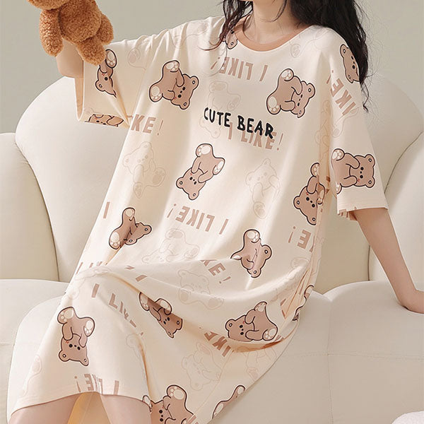 Comfy Bear Cartoon Print Midi Dress - Ideal Nightwear for Women - Shop N Save