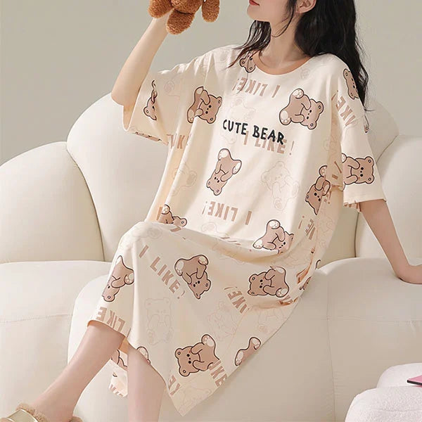 Comfy Bear Cartoon Print Midi Length Pajama Dress Ideal Women's Nightwear for Sleep and Casual Wear