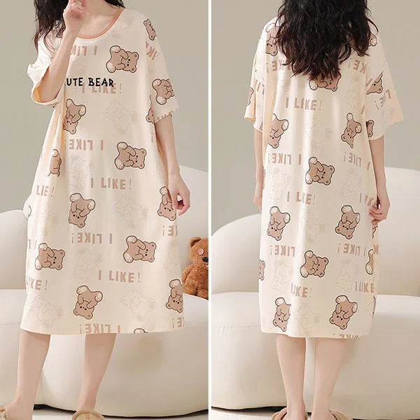 Comfy Bear Cartoon Print Midi Length Pajama Dress Ideal Women's Nightwear for Sleep and Casual Wear