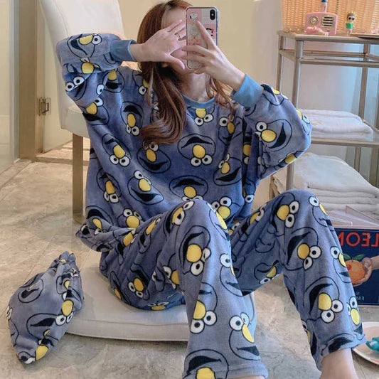 Comfy Cartoon Pajama Set for Women Soft Short Sleeve Tee and Elastic Shorts Cute Blue Print Nightwear Sleepwear