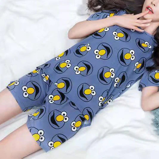 Comfy Cartoon Pajama Set for Women Soft Short Sleeve Tee and Elastic Shorts Cute Blue Print Nightwear Sleepwear
