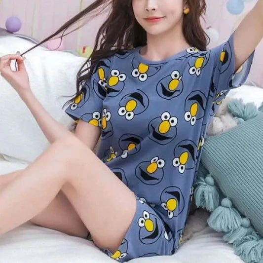 Comfy Cartoon Pajama Set for Women Soft Short Sleeve Tee and Elastic Shorts Cute Blue Print Nightwear Sleepwear
