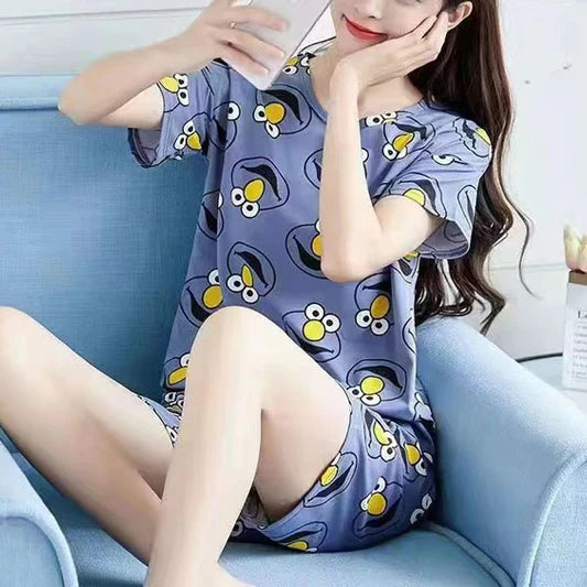 Comfy Cartoon Pajama Set for Women Soft Short Sleeve Tee and Elastic Shorts Cute Blue Print Nightwear Sleepwear