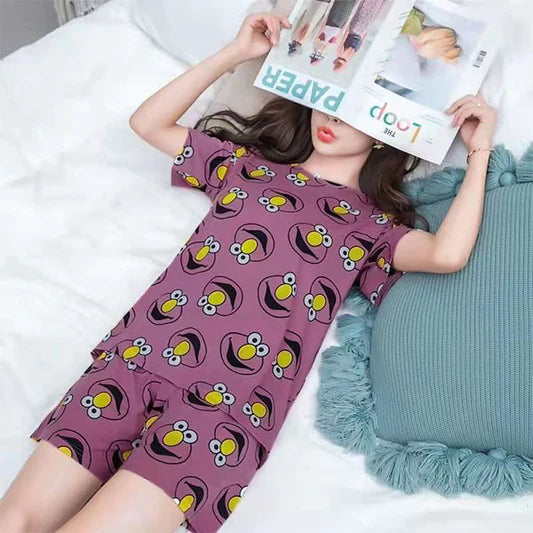 Multi Color Cartoon Prints Women\'s Short Sleeve Pajama Set Soft Fabric Elastic Bottom Shorts Cute and Comfy Sleepwear!