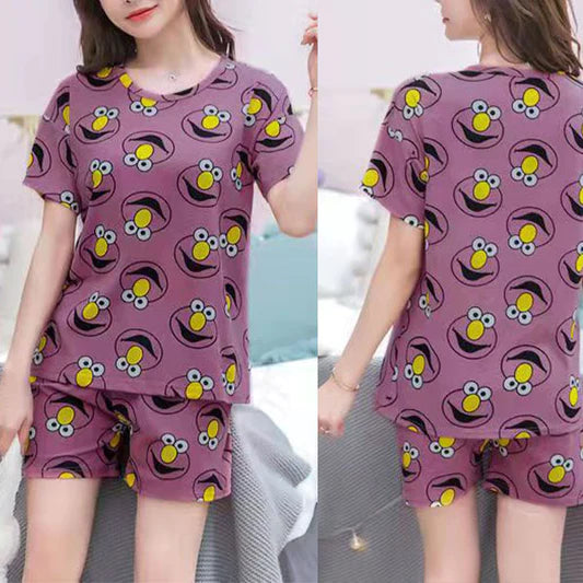 Multi Color Cartoon Prints Women\'s Short Sleeve Pajama Set Soft Fabric Elastic Bottom Shorts Cute and Comfy Sleepwear!