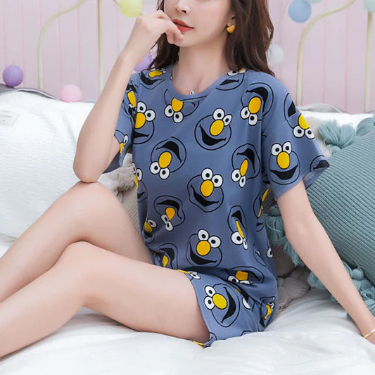 Comfy Cartoon Pajama Set for Women Soft Short Sleeve Tee and Elastic Shorts Cute Blue Print Nightwear Sleepwear