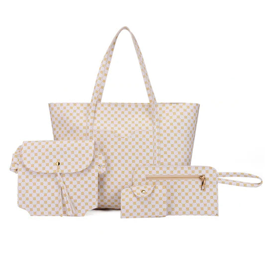 Stylish Geo Pattern PU Leather 4-Piece Bags Set - Large Capacity, Zipper Closure - Shop N Save