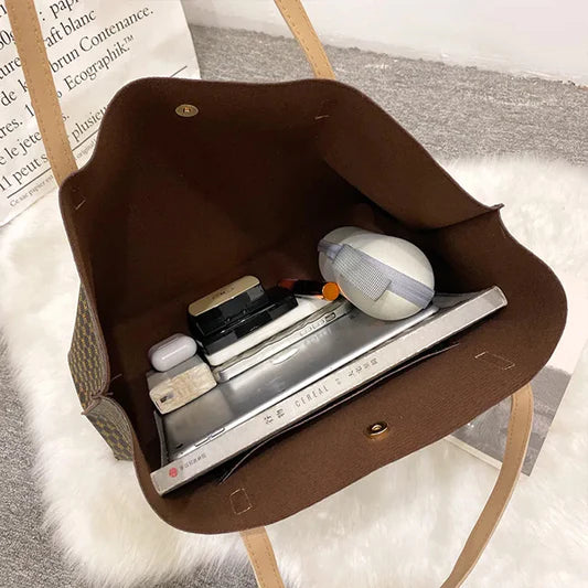 Stylish Geo Pattern PU Leather 4-Piece Tote Set - Coffee Collection, Large Capacity - Shop N Save