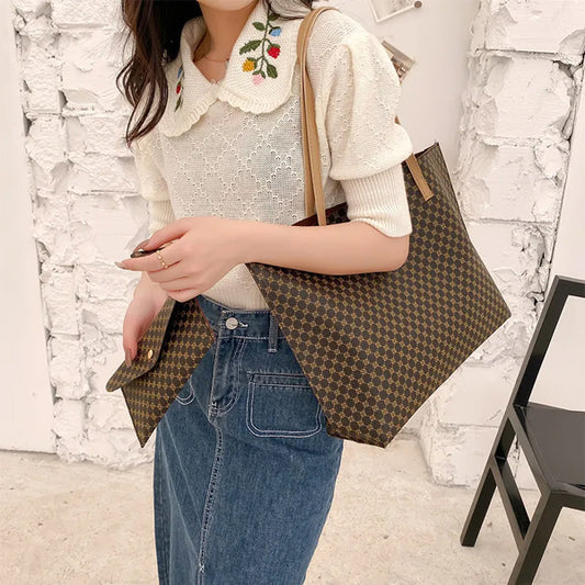 Stylish Geo Pattern PU Leather 4-Piece Tote Set - Coffee Collection, Large Capacity - Shop N Save