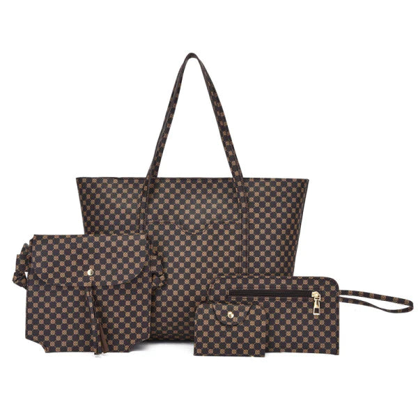 Stylish Geo Pattern PU Leather 4-Piece Tote Set - Coffee Collection, Large Capacity - Shop N Save