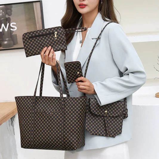 Stylish Geo Pattern PU Leather 4-Piece Tote Set - Coffee Collection, Large Capacity - Shop N Save