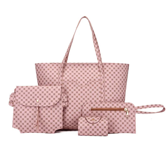 Pink Geo Pattern 4-Piece Tote Set - Stylish Women, Large Capacity, Double Handles - Shop N Save
