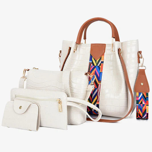 Stylish Crocodile Pattern 4-Piece Handbag Set - Faux Leather, White - Shop N Save
