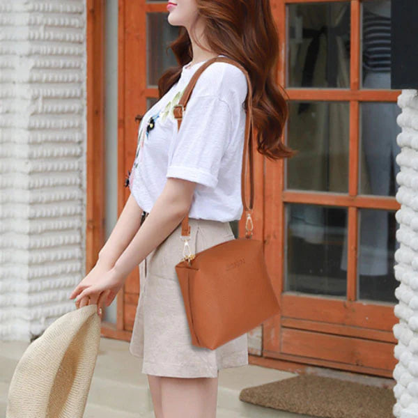 Stylish Lychee Pattern Bucket Bag Set - Brown, Double Handles, Zipper Closure - Shop N Save