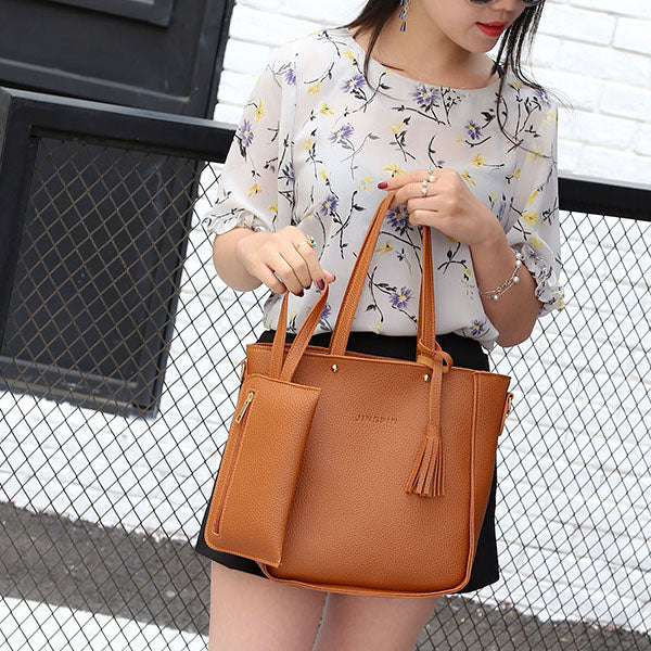 Stylish Lychee Pattern Bucket Bag Set - Brown, Double Handles, Zipper Closure - Shop N Save