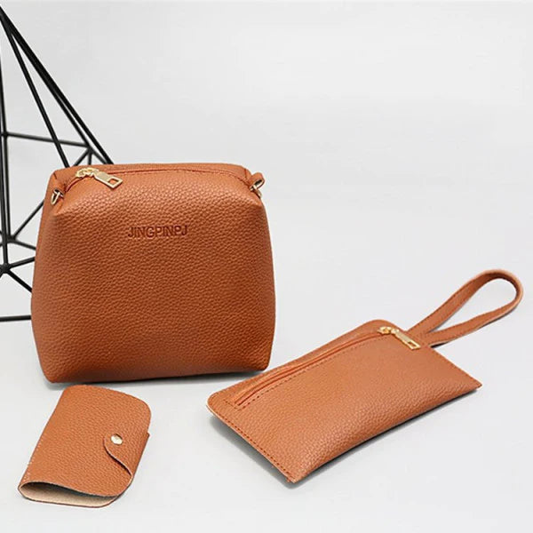 Stylish Lychee Pattern Bucket Bag Set - Brown, Double Handles, Zipper Closure - Shop N Save