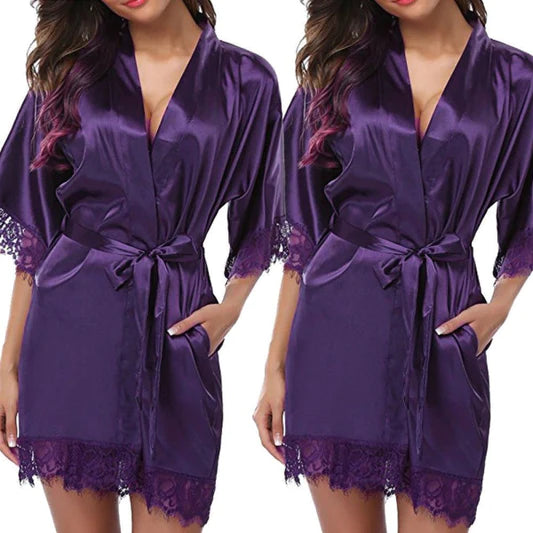 Purple Satin Lace Night Gown Comfortable Loose Fit Nightwear with Knotted Closure for Women\'s Casual Sleepwear