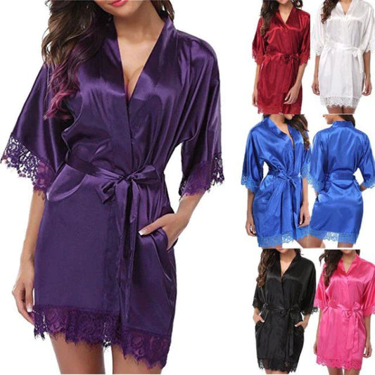 Purple Satin Lace Night Gown Comfortable Loose Fit Nightwear with Knotted Closure for Women\'s Casual Sleepwear