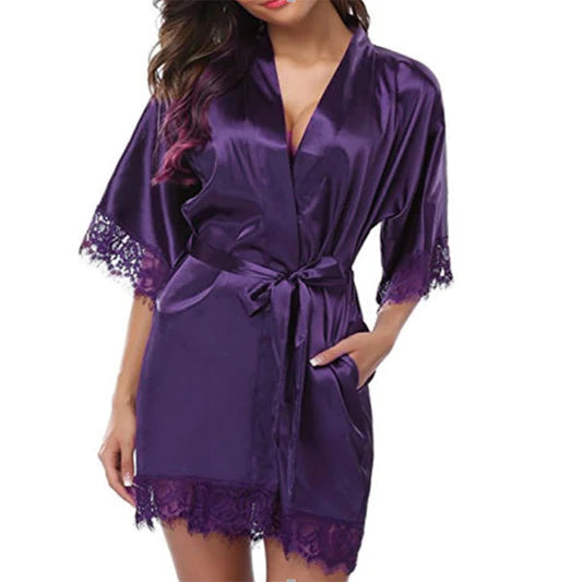 Purple Satin Lace Night Gown Comfortable Loose Fit Nightwear with Knotted Closure for Women\'s Casual Sleepwear
